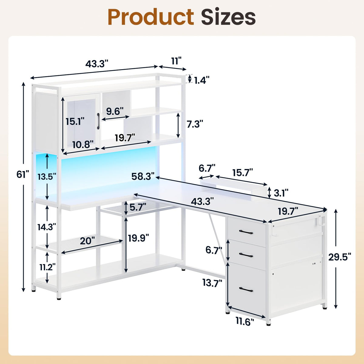58'' L Shaped Computer Desk with 3 Drawers and Bookshelf Q958353