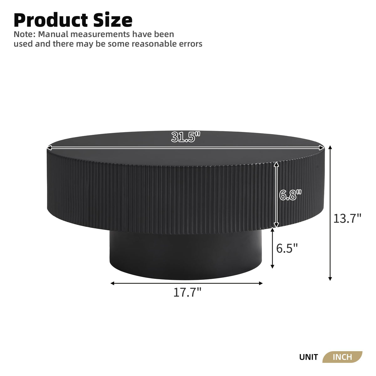 Round Coffee Table, 31.5" Fluted Pedestal Wood Table, Black N23184