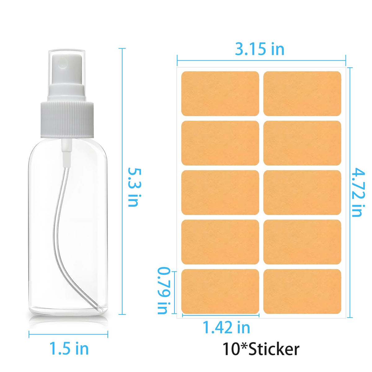 5 Pack 3.4 oz Clear Plastic Travel Spray Bottles with Labels V75434