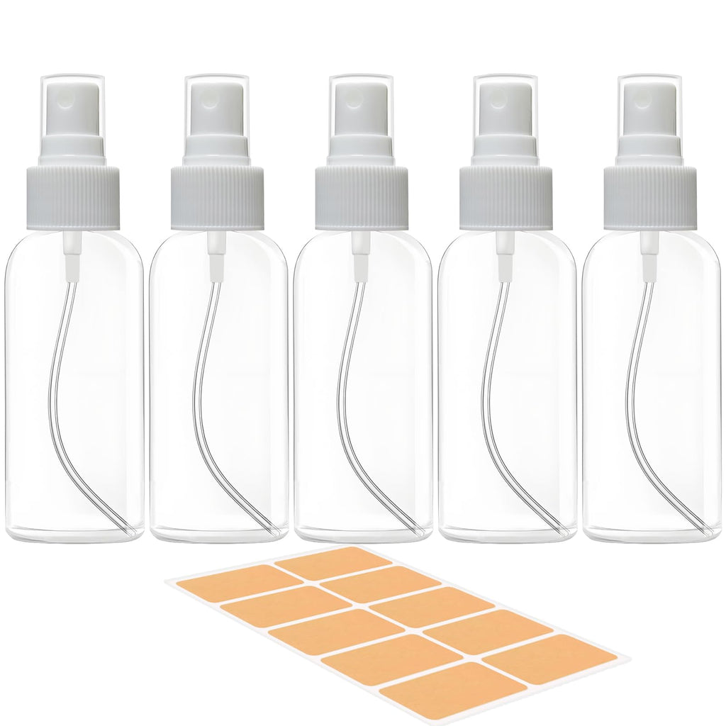 5 Pack 3.4 oz Clear Plastic Travel Spray Bottles with Labels V75434