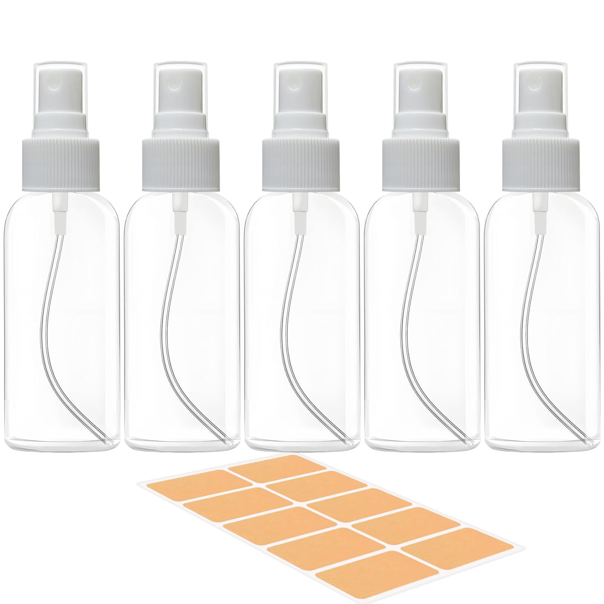 5 Pack 3.4 oz Clear Plastic Travel Spray Bottles with Labels V75434