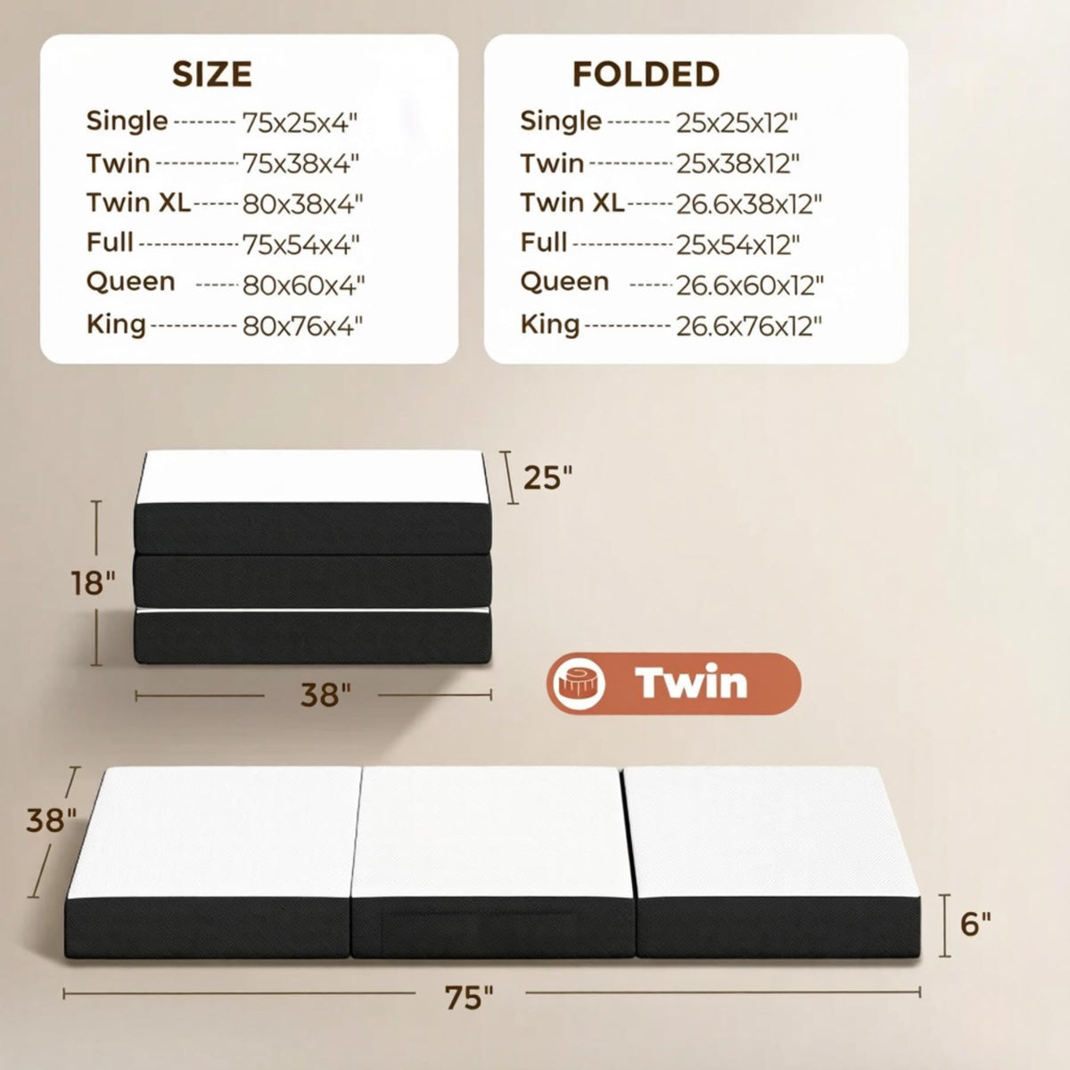 6 Inch Twin Trifold Memory Foam Mattress I32014