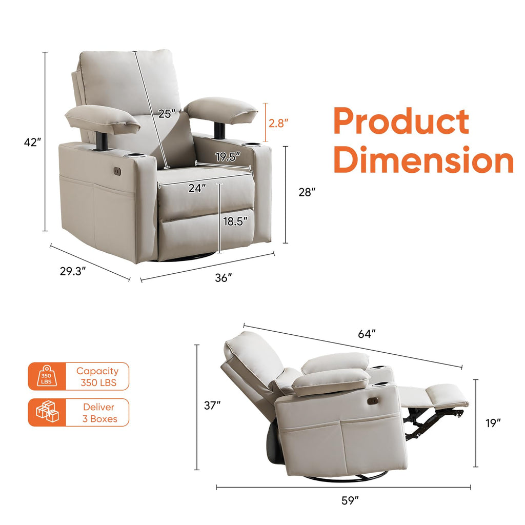 Oversized Power Swivel Rocker Recliner with Heating and Massage, Faux Leather, Grey U15594
