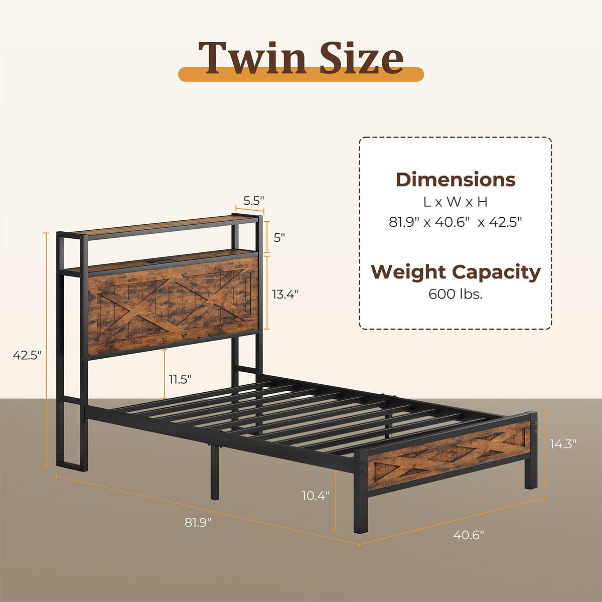 Twin Metal Bed Frame with Storage Headboard R4808