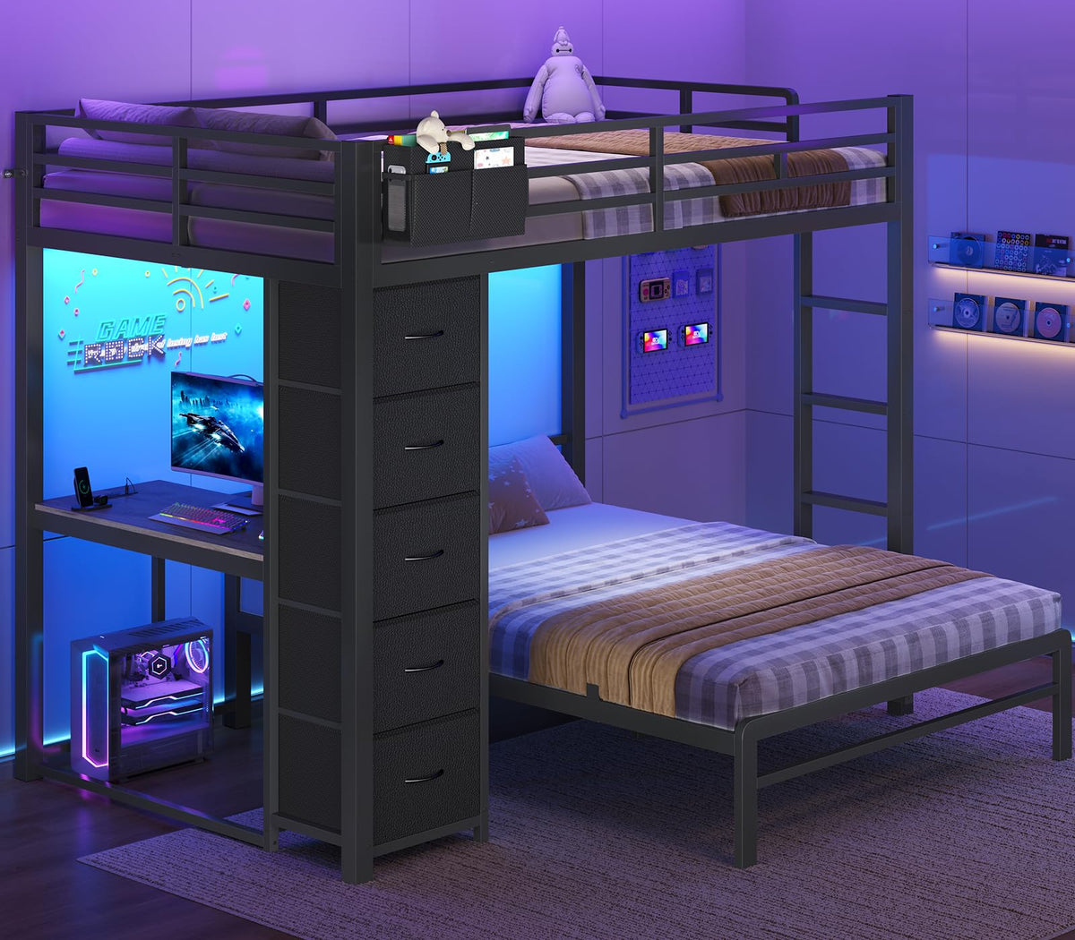 Full Size Bunk Bed with Desk, 5 Drawers, Black Z90036
