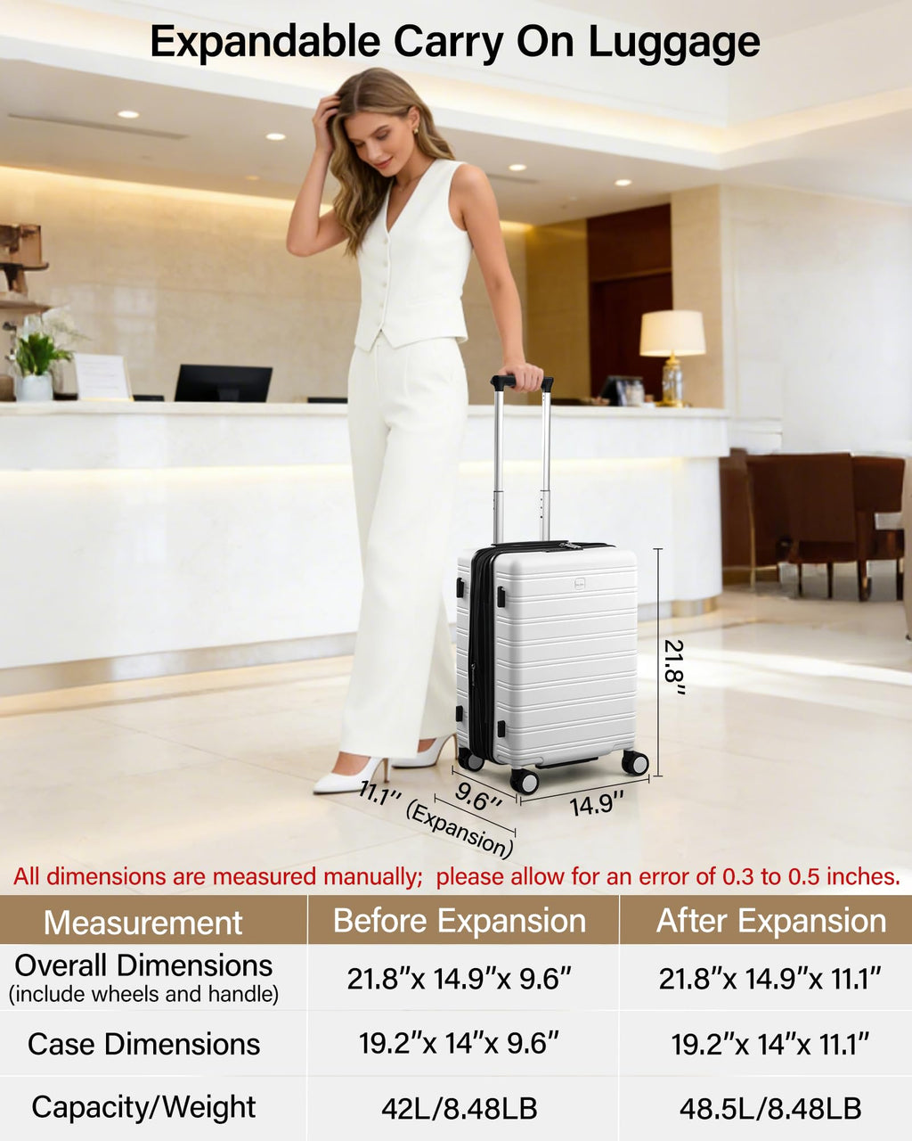 20-Inch Hardside Expandable Carry-On Luggage Suitcase, White D486