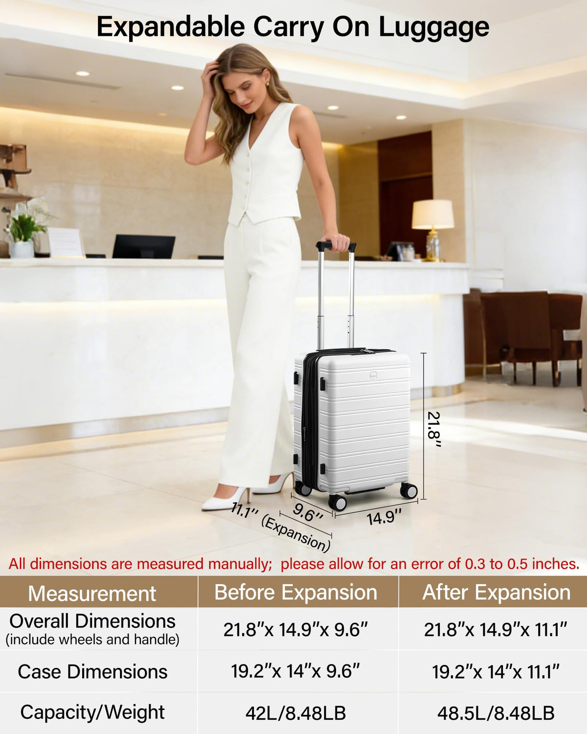 20-Inch Hardside Expandable Carry-On Luggage Suitcase, White D486