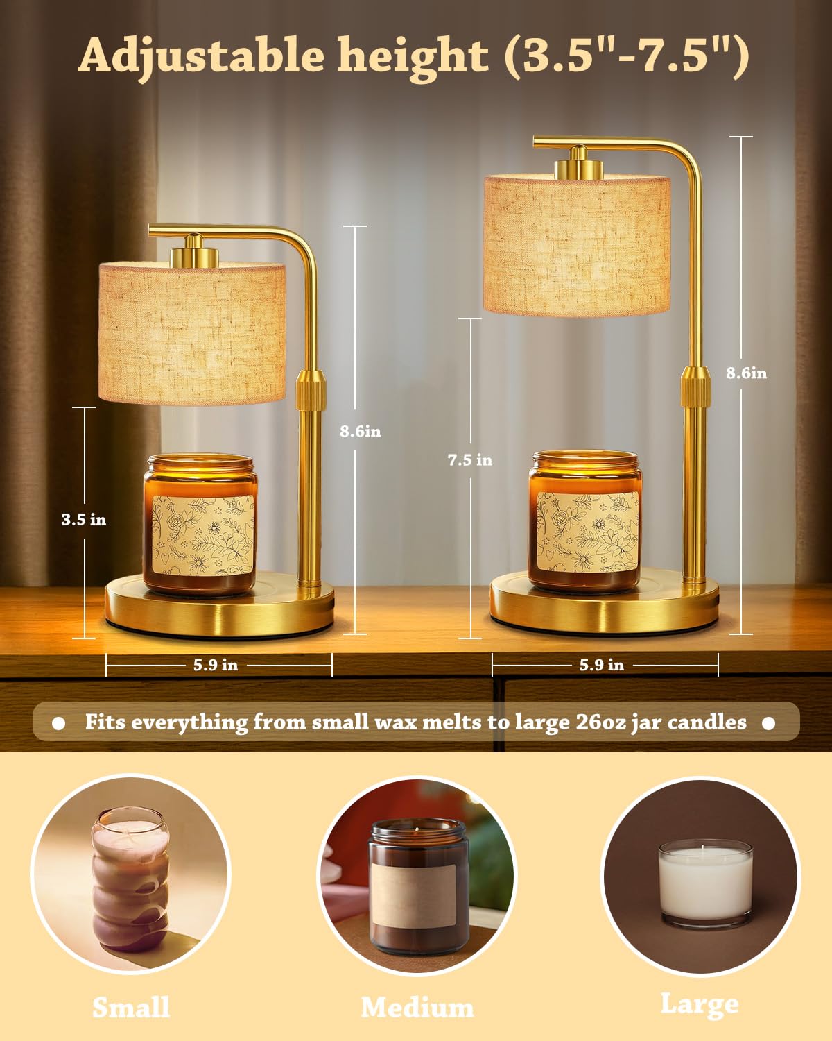Height Adjustable Candle Warmer Lamp with Timer Dimmer for Jar Candles N99464
