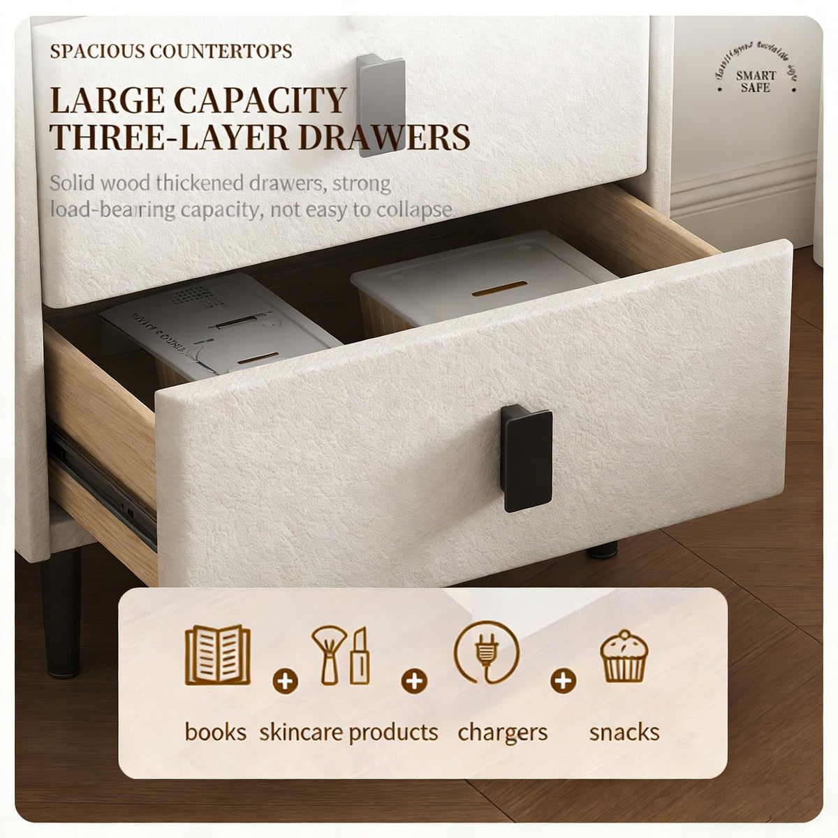 Smart Nightstand with Bluetooth Speaker, 3 Drawer LED Nightstand with USB Port Z24518