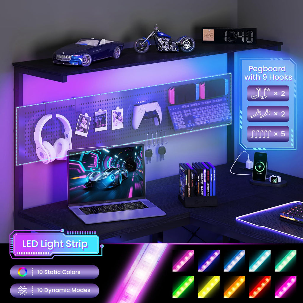 47in Black L Shaped Gaming Desk with Pegboard B41873