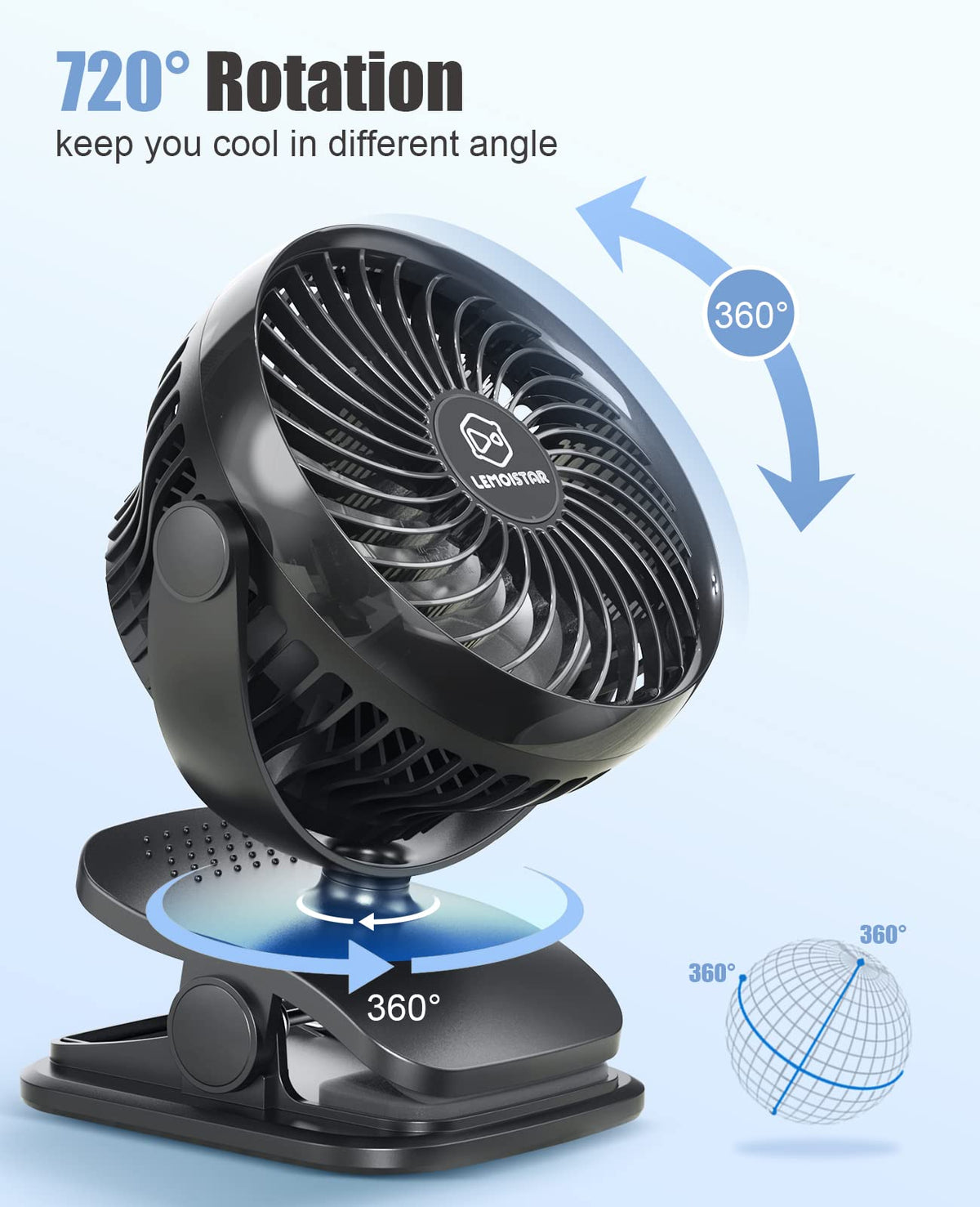 Battery Operated Clip on Fan, USB Powered Portable Desk Fan 4 Speeds F77519