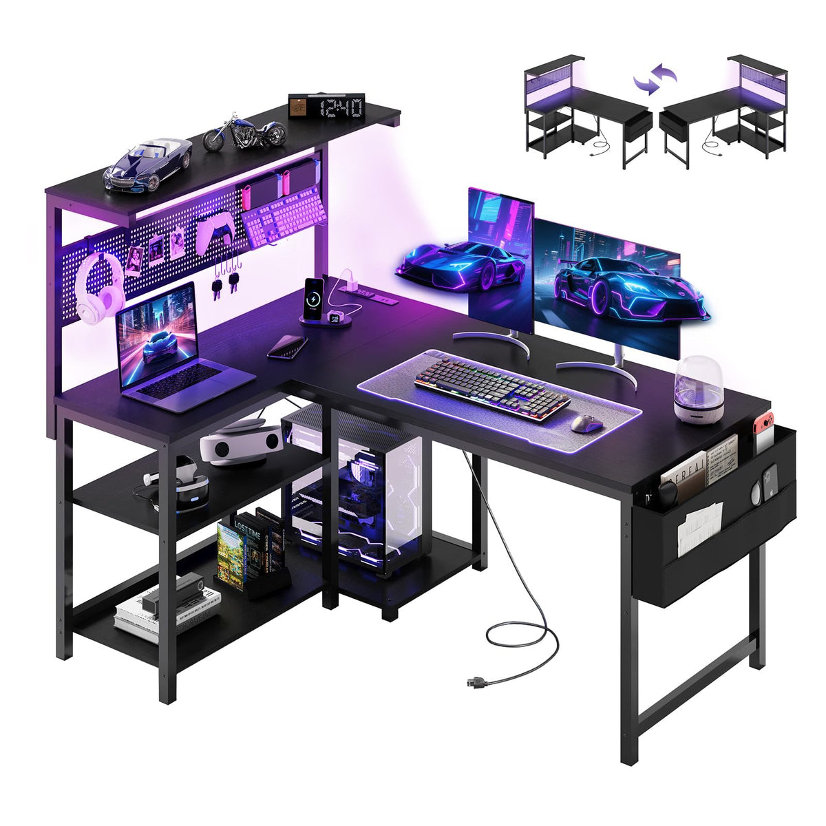 47in Black L Shaped Gaming Desk with Pegboard B41873