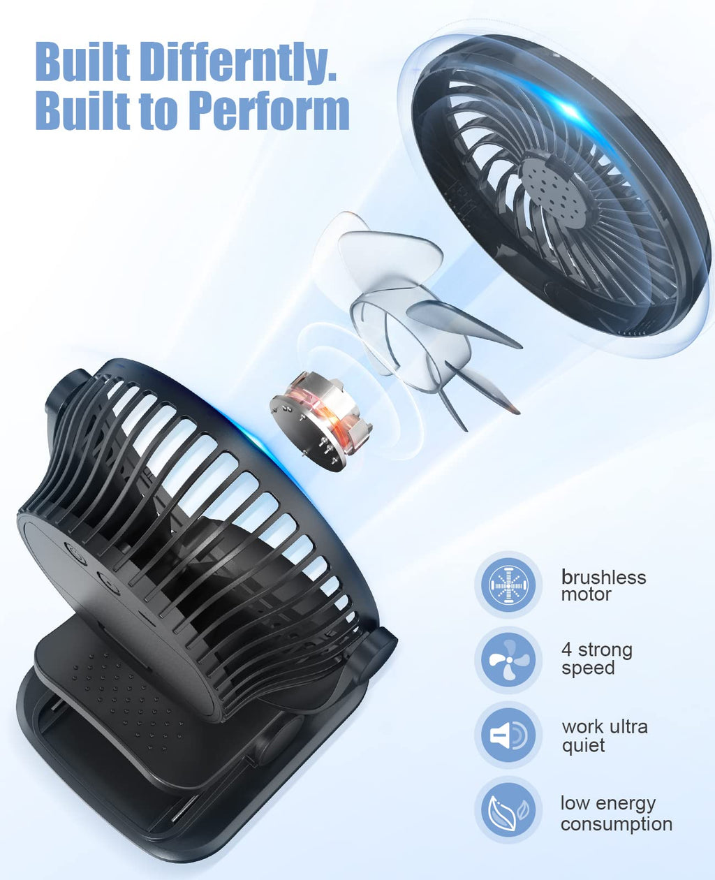 Battery Operated Clip on Fan, USB Powered Portable Desk Fan 4 Speeds F77519