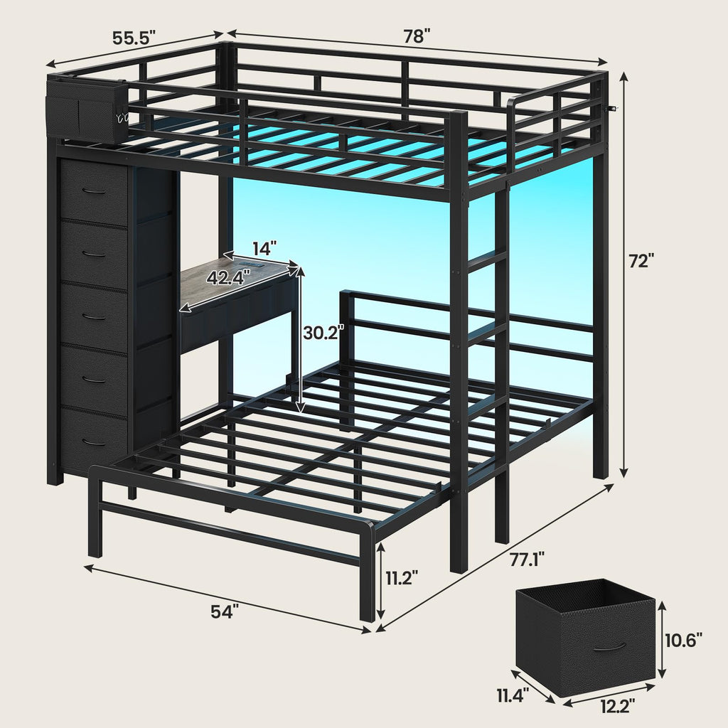 Full Size Bunk Bed with Desk, 5 Drawers, Black Z90036