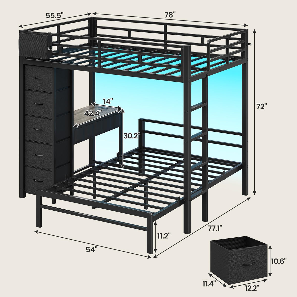 Full Size Bunk Bed with Desk, 5 Drawers, Black Z90036