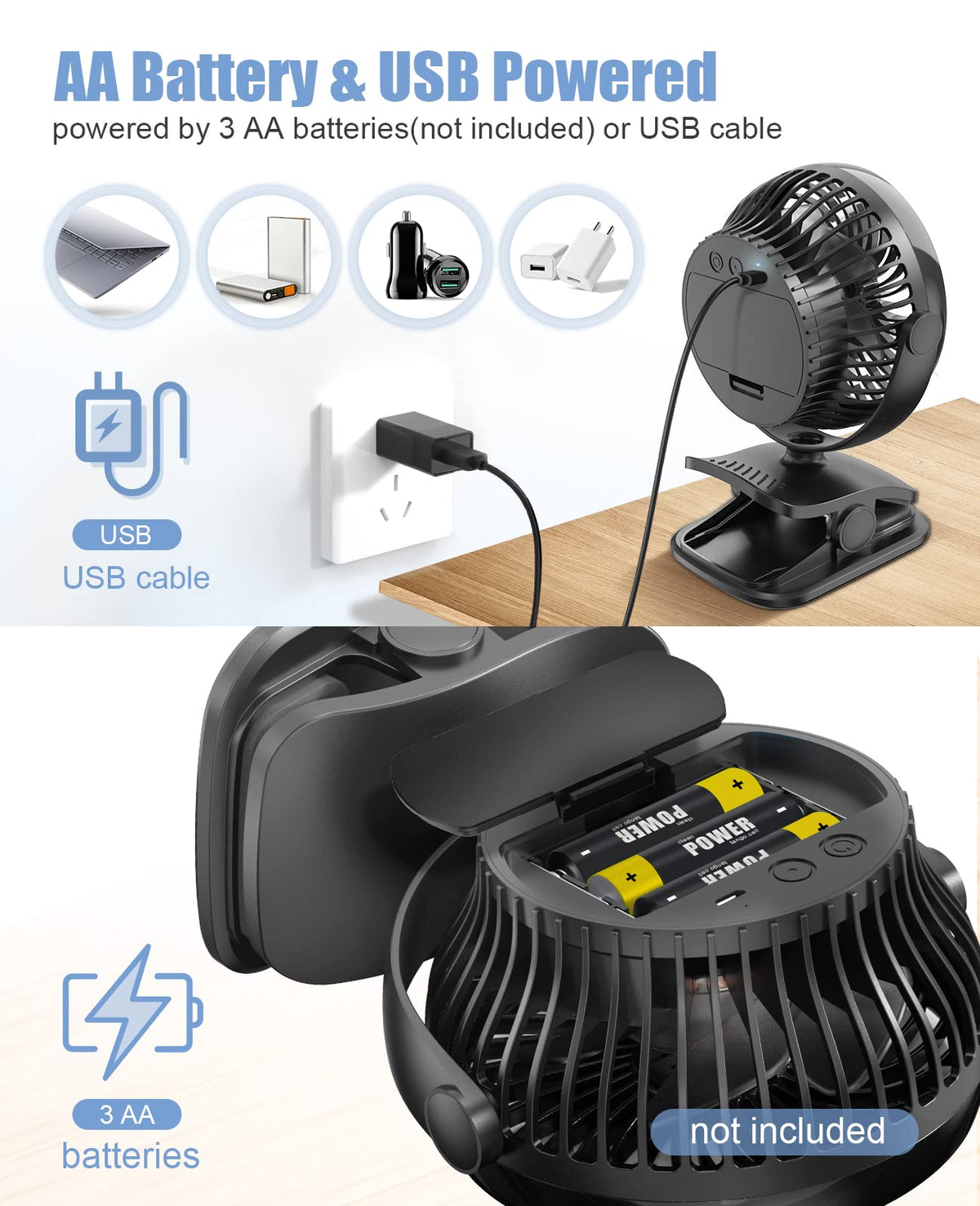 Battery Operated Clip on Fan, USB Powered Portable Desk Fan 4 Speeds F77519