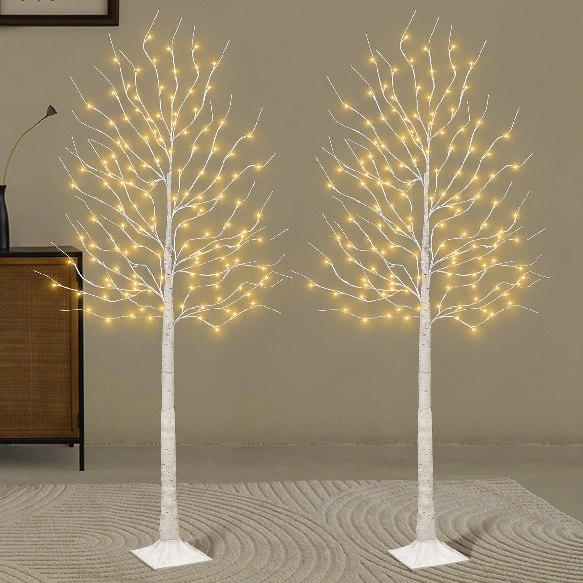 Set of 2 6 feet Lighted Birch Tree 160 LED Warm White G389