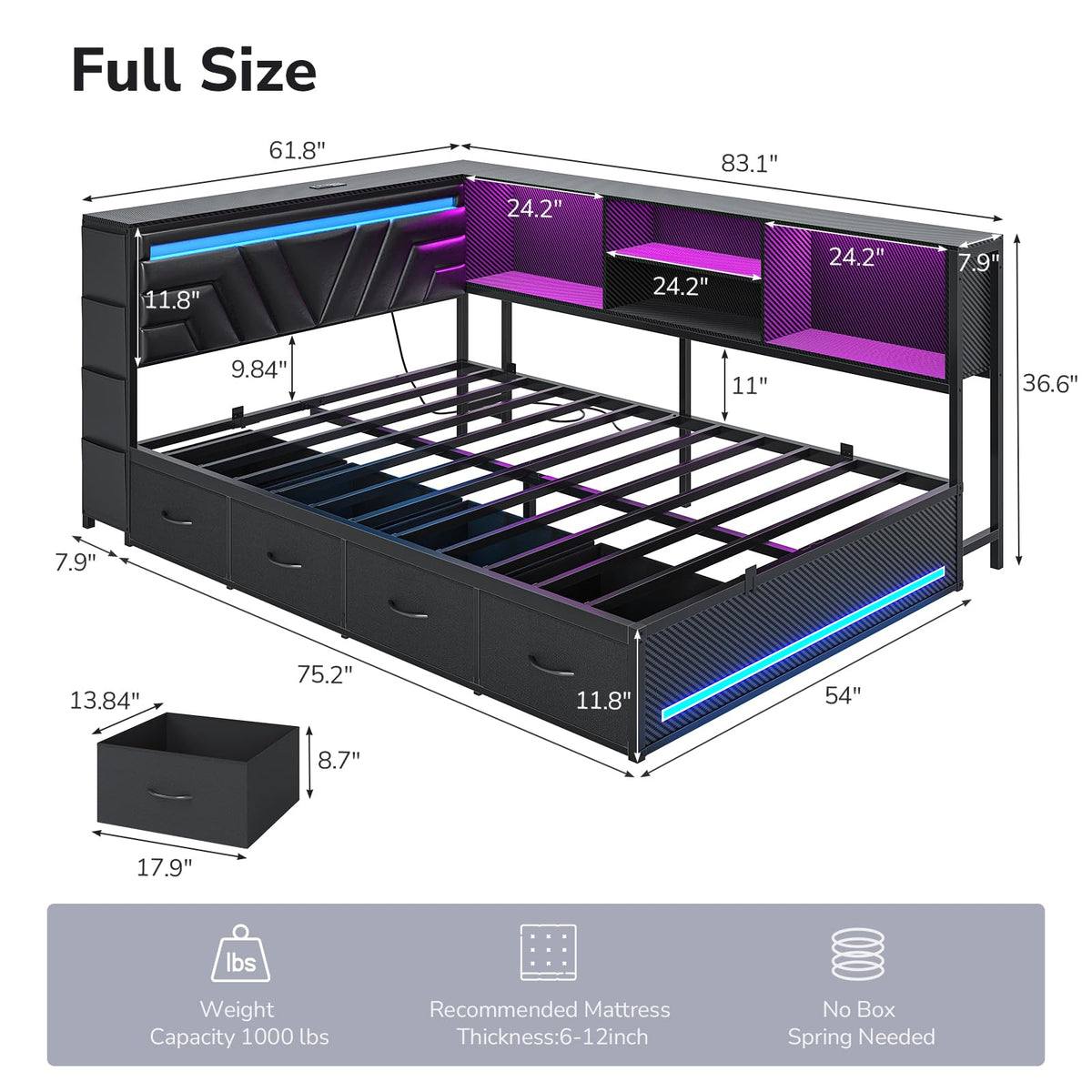 Corner Bed Frame with Storage Bookcase and 4 Drawers Z864578