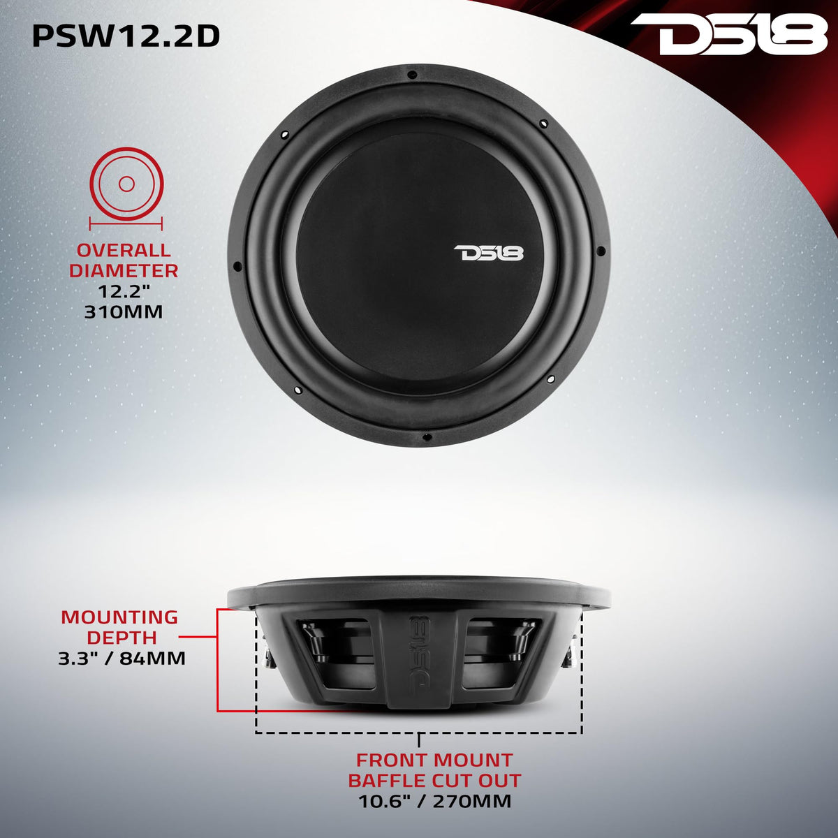 12" Shallow Mount Subwoofer 1200 Watts Max Power Dual Voice Coil 2+2 OHMS Water Resistant I141721