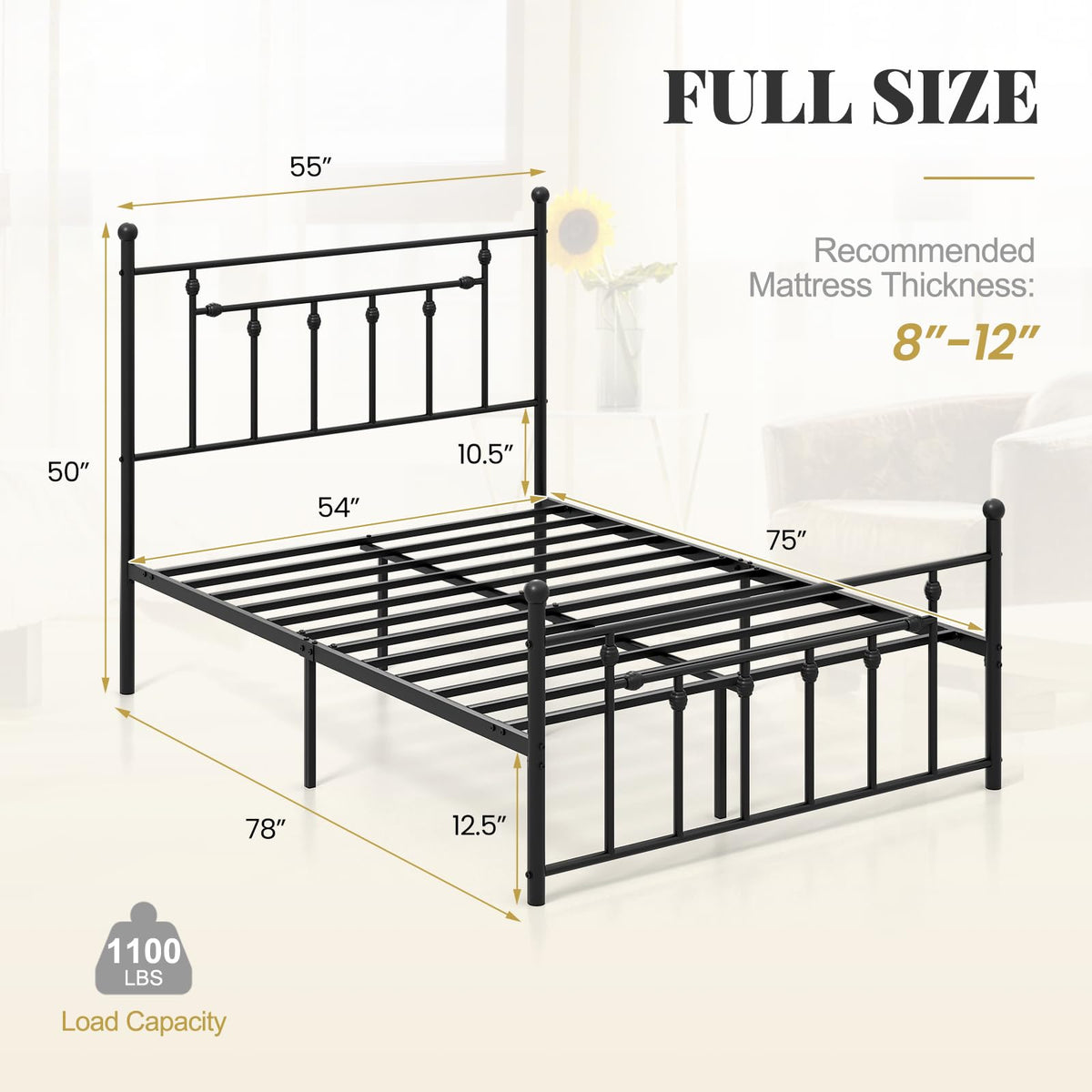 Black Full Size Metal Bed Frame with Headboard & Footboard K468