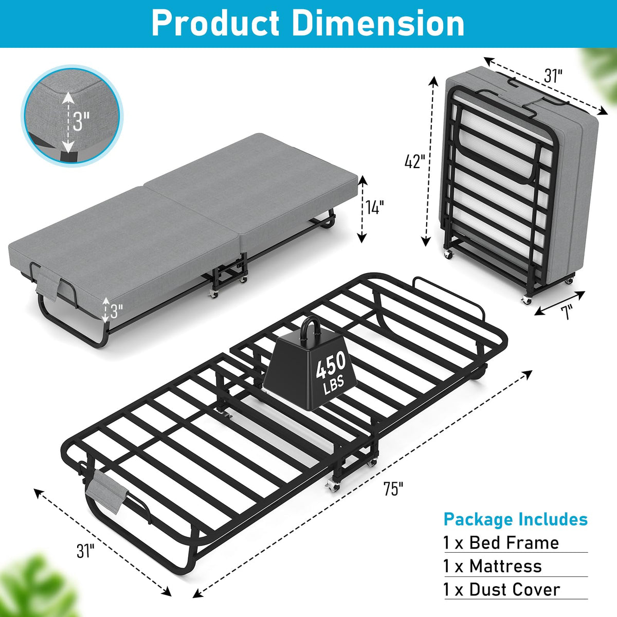 Folding Bed Portable Roll Away Bed 75" x 31" K65645