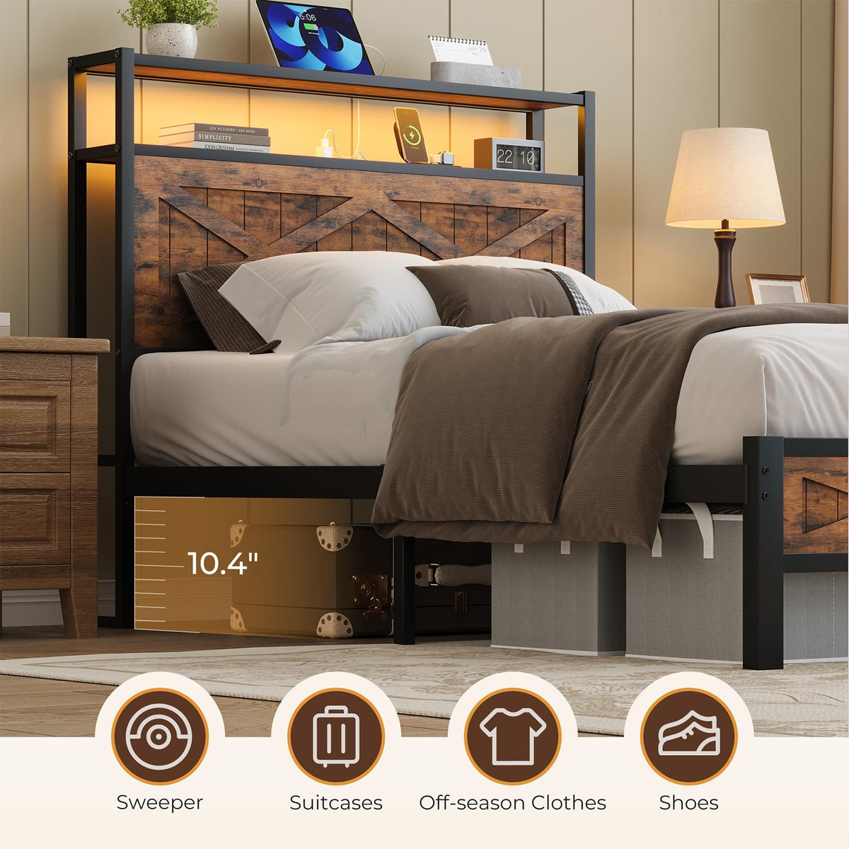 Twin Metal Bed Frame with Storage Headboard R4808