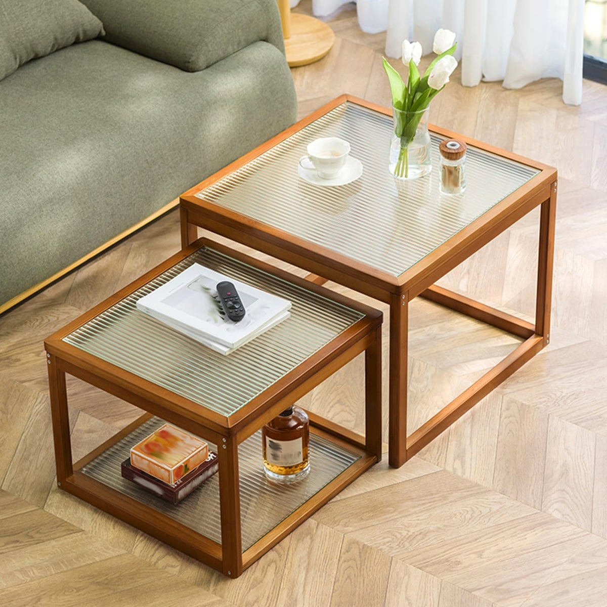 Square Coffee Table Set of Two, Natural Bamboo L760