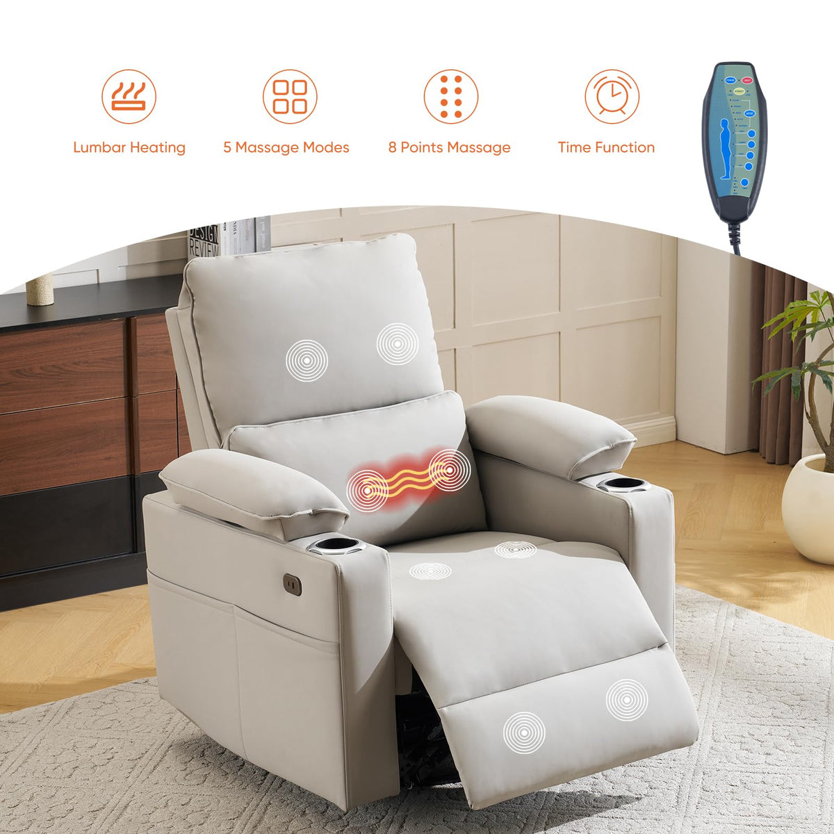 Oversized Power Swivel Rocker Recliner with Heating and Massage, Faux Leather, Grey U15594