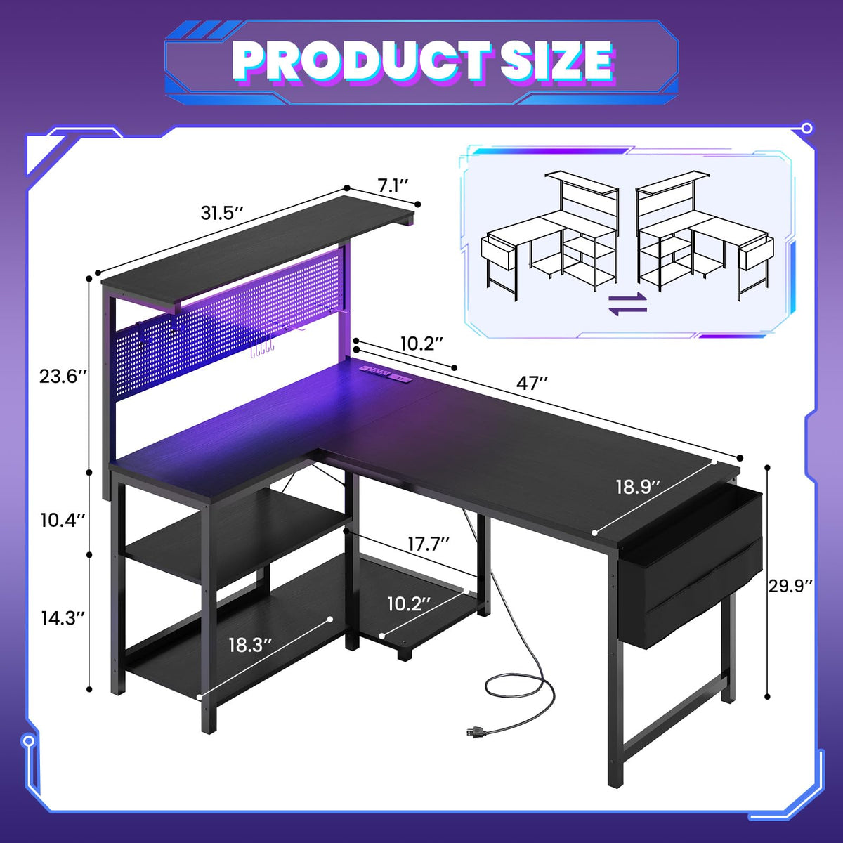 47in Black L Shaped Gaming Desk with Pegboard B41873
