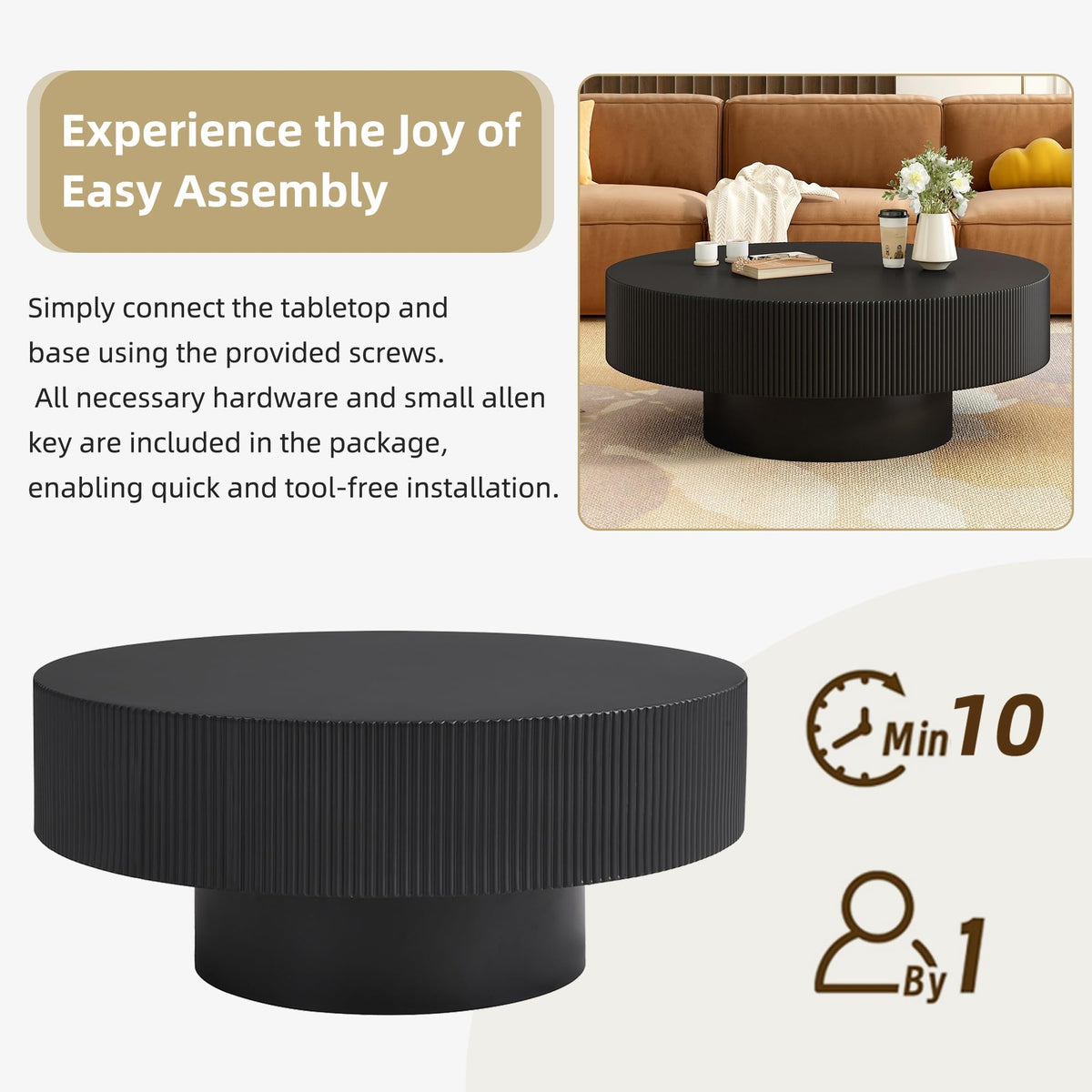 Round Coffee Table, 31.5" Fluted Pedestal Wood Table, Black N23184