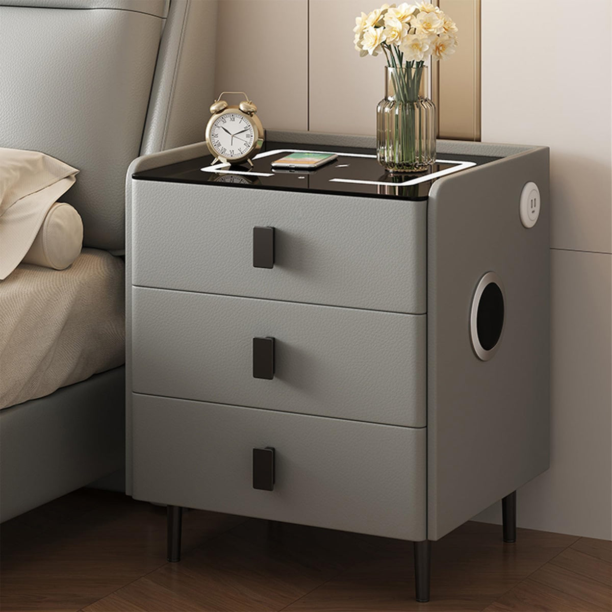 Smart Nightstand with Bluetooth Speaker, 3 Drawer LED Nightstand with USB Port Z24518