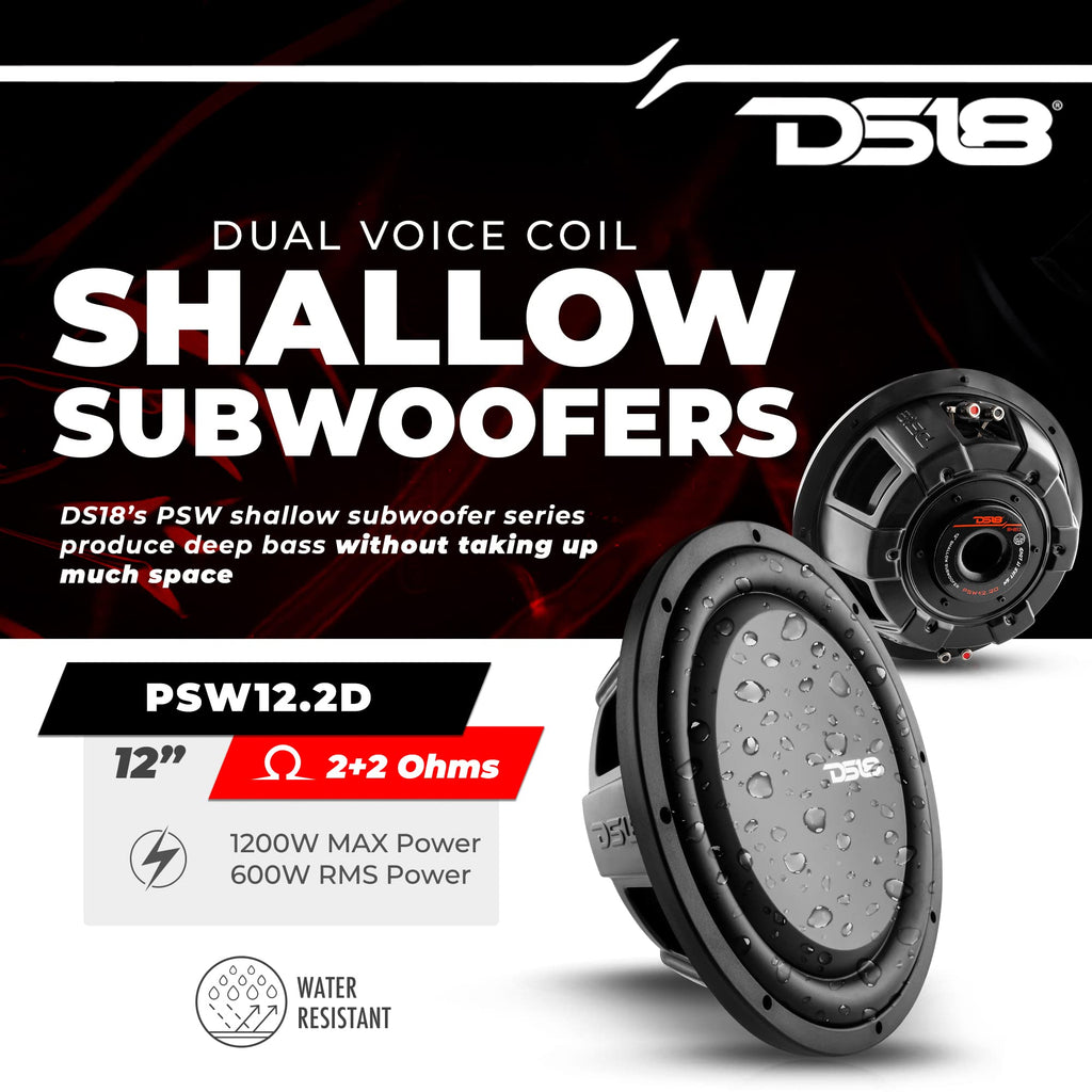 12" Shallow Mount Subwoofer 1200 Watts Max Power Dual Voice Coil 2+2 OHMS Water Resistant I141721