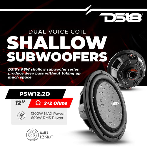 12" Shallow Mount Subwoofer 1200 Watts Max Power Dual Voice Coil 2+2 OHMS Water Resistant I141721