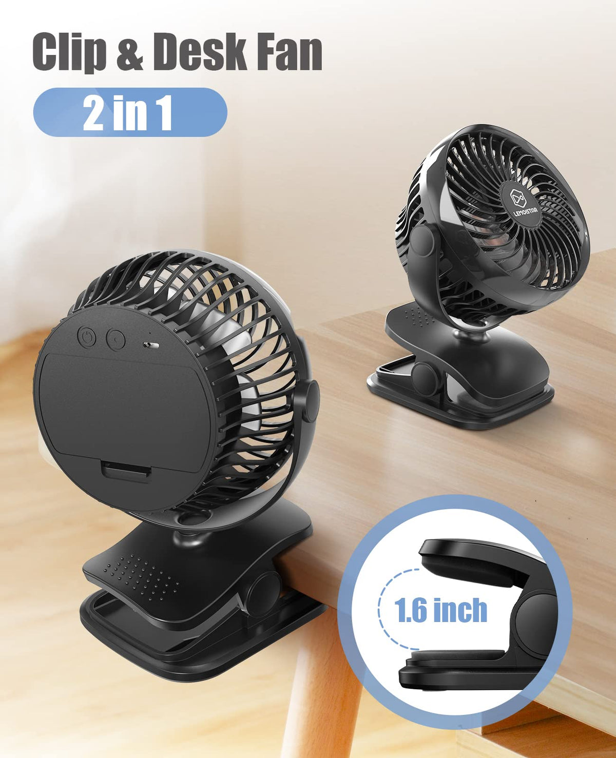 Battery Operated Clip on Fan, USB Powered Portable Desk Fan 4 Speeds F77519