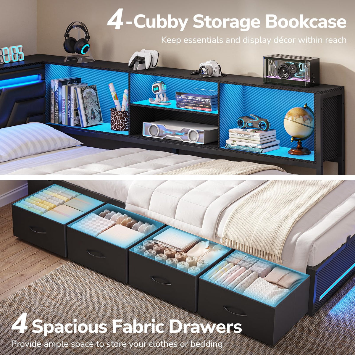 Corner Bed Frame with Storage Bookcase and 4 Drawers Z864578