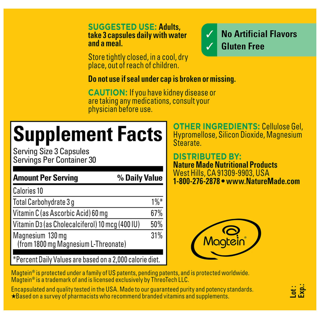 Magnesium L-Threonate with Vitamin C & Vitamin D3, 90 Capsules Q713