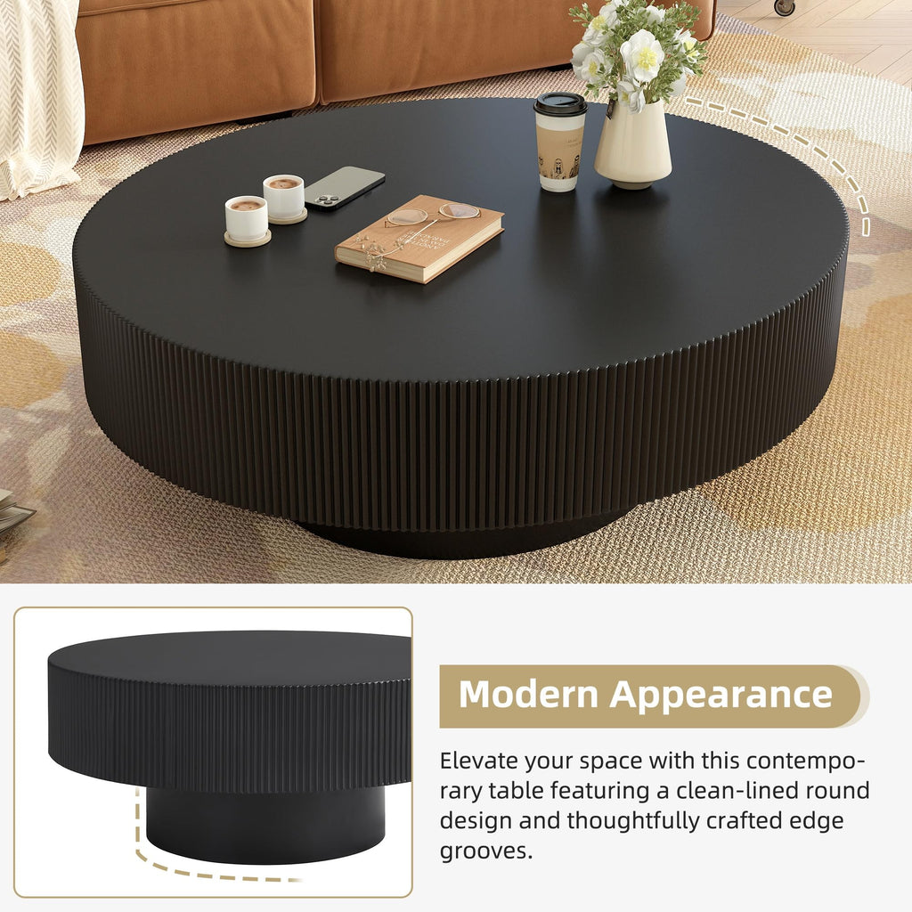 Round Coffee Table, 31.5" Fluted Pedestal Wood Table, Black N23184