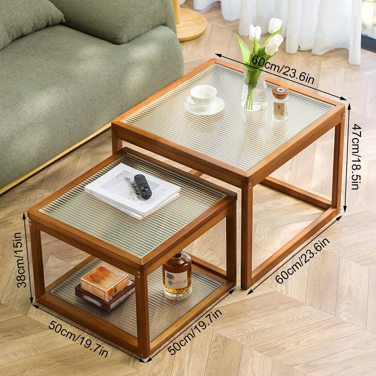 Square Coffee Table Set of Two, Natural Bamboo L760