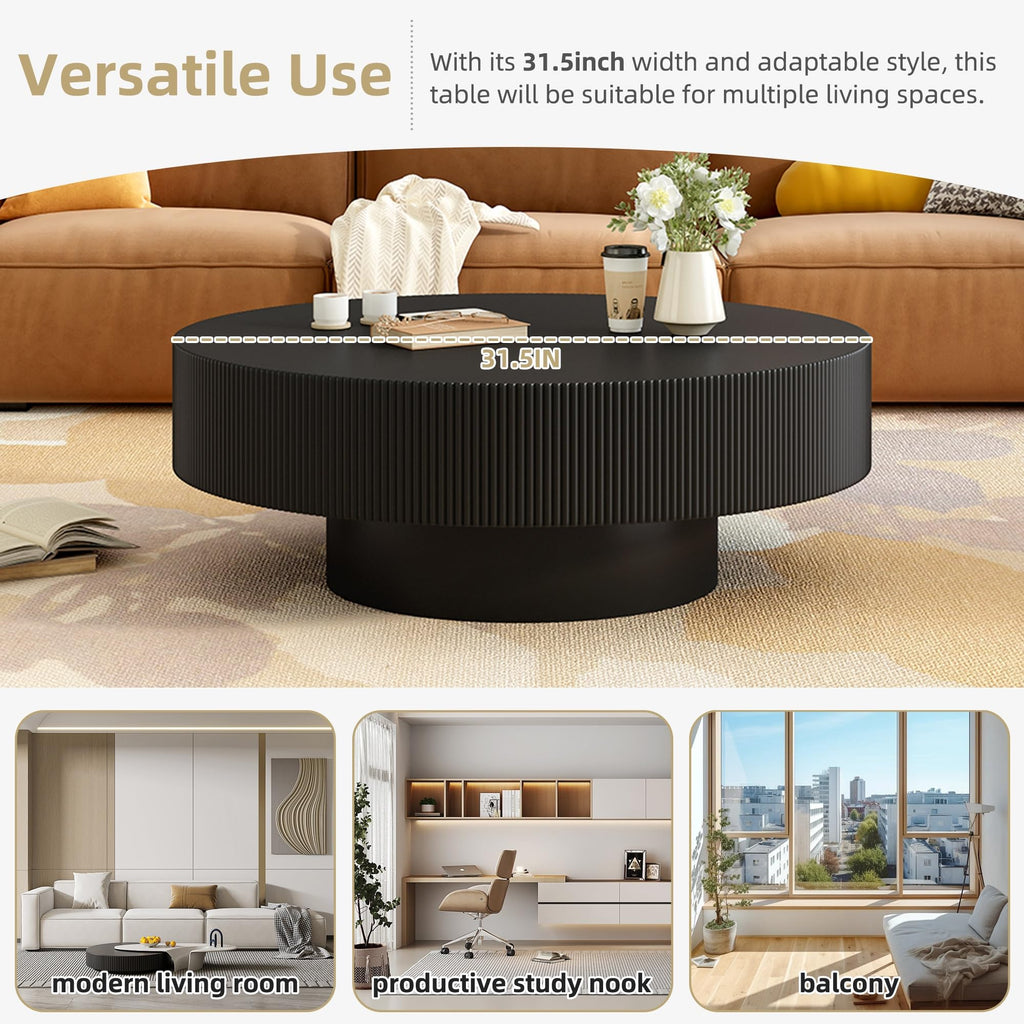 Round Coffee Table, 31.5" Fluted Pedestal Wood Table, Black N23184