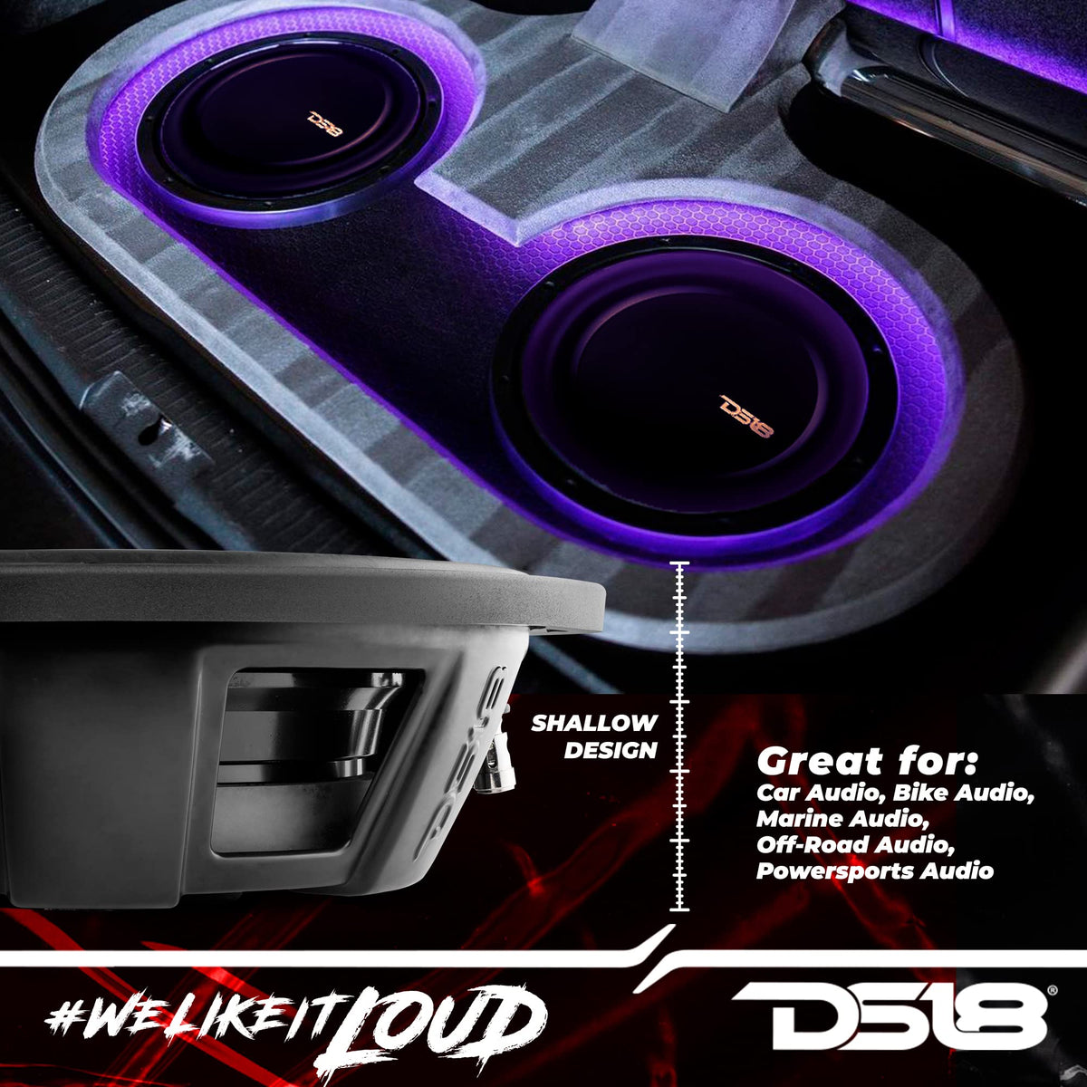12" Shallow Mount Subwoofer 1200 Watts Max Power Dual Voice Coil 2+2 OHMS Water Resistant I141721