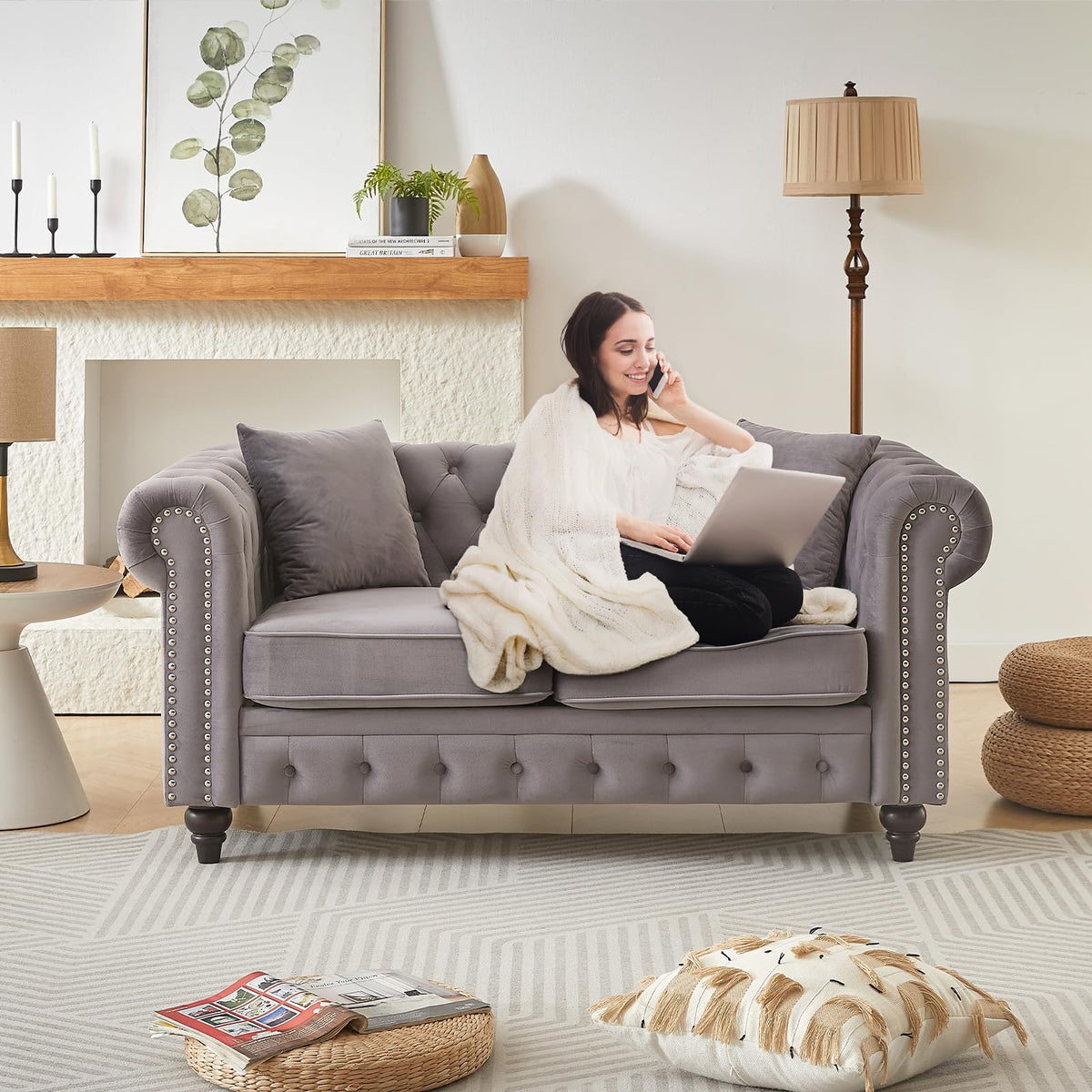 Light Grey Velvet Button Tufted Loveseat Sofa F784743