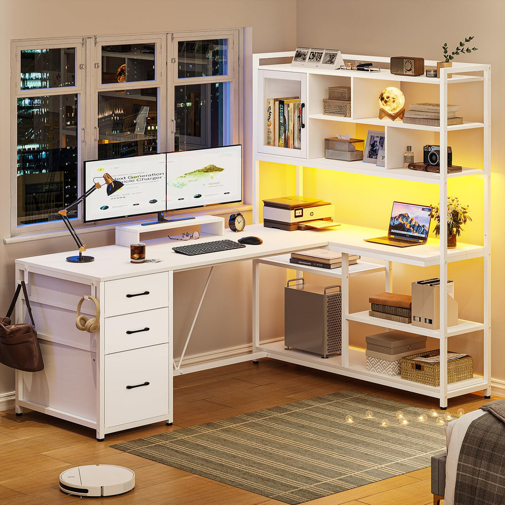 58'' L Shaped Computer Desk with 3 Drawers and Bookshelf Q958353