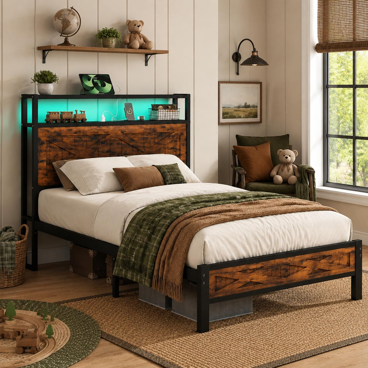Twin Metal Bed Frame with Storage Headboard R4808