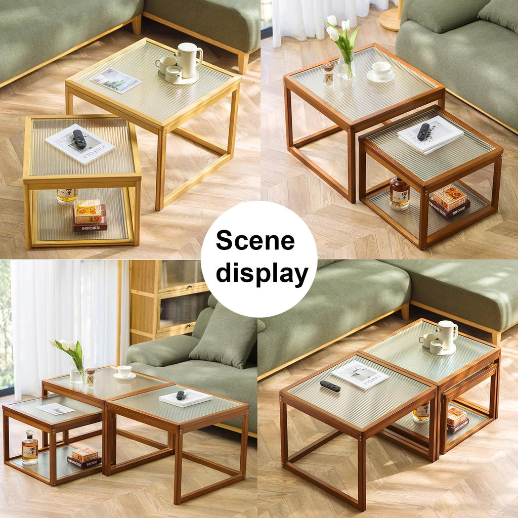 Square Coffee Table Set of Two, Natural Bamboo L760