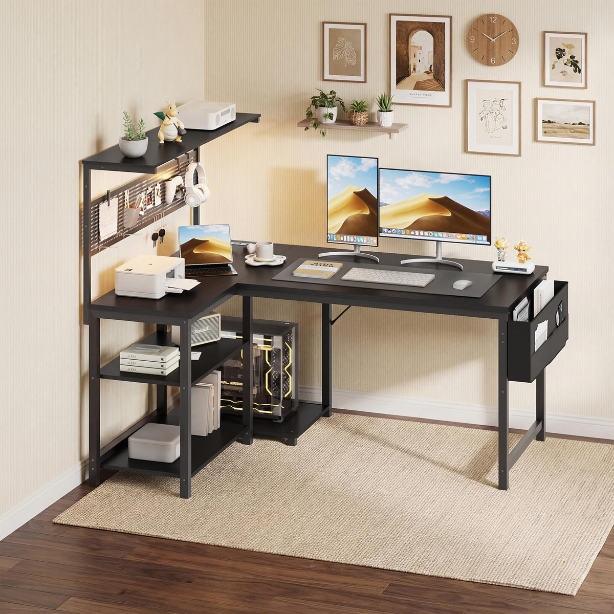 47in Black L Shaped Gaming Desk with Pegboard B41873