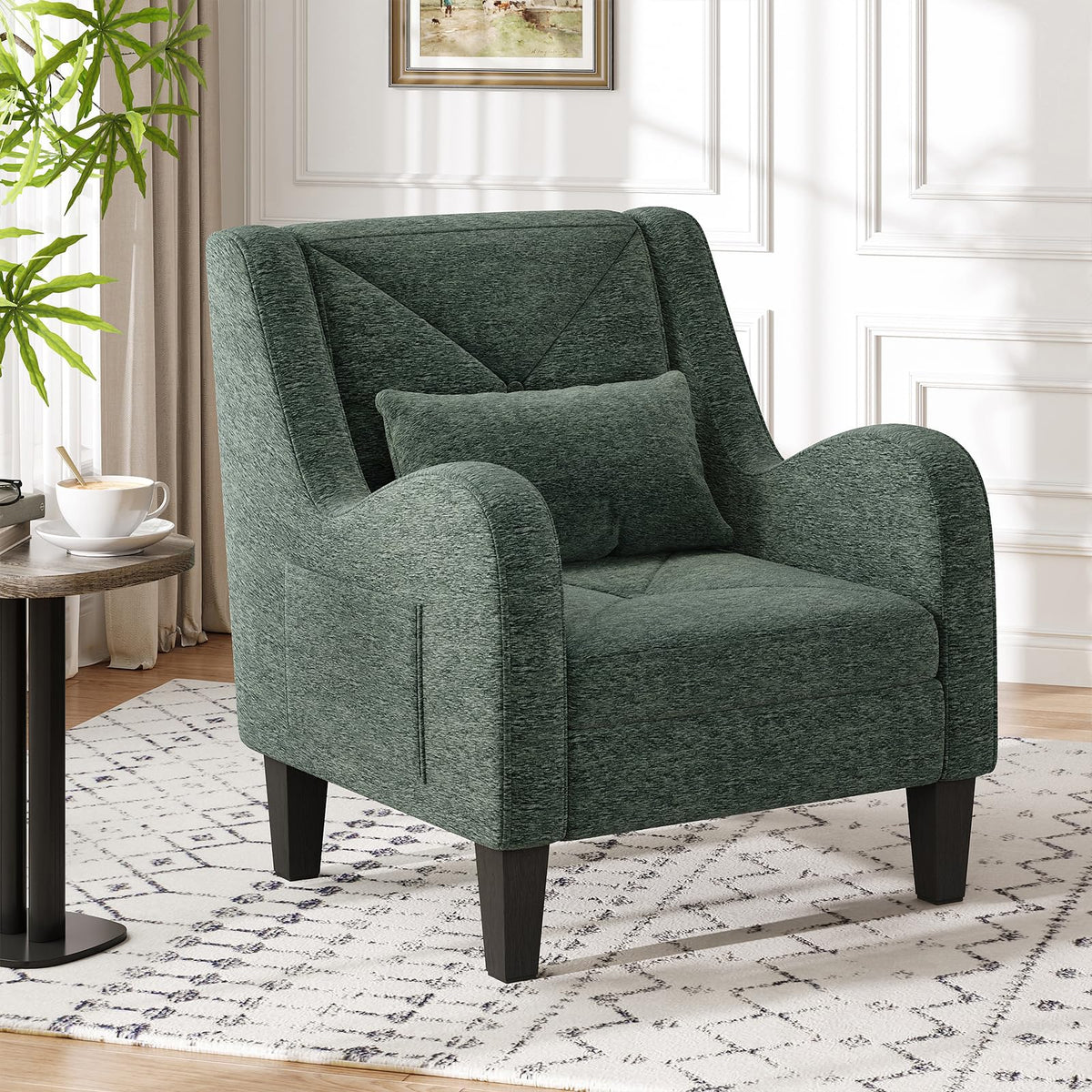 Green Chenille Upholstered Accent Chair with Lumbar Pillow Z8510