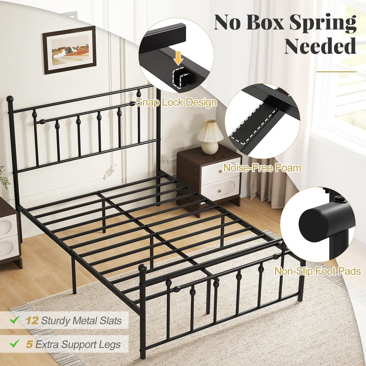 Black Full Size Metal Bed Frame with Headboard & Footboard K468