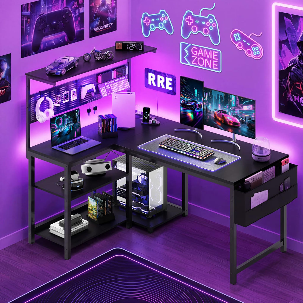 47in Black L Shaped Gaming Desk with Pegboard B41873