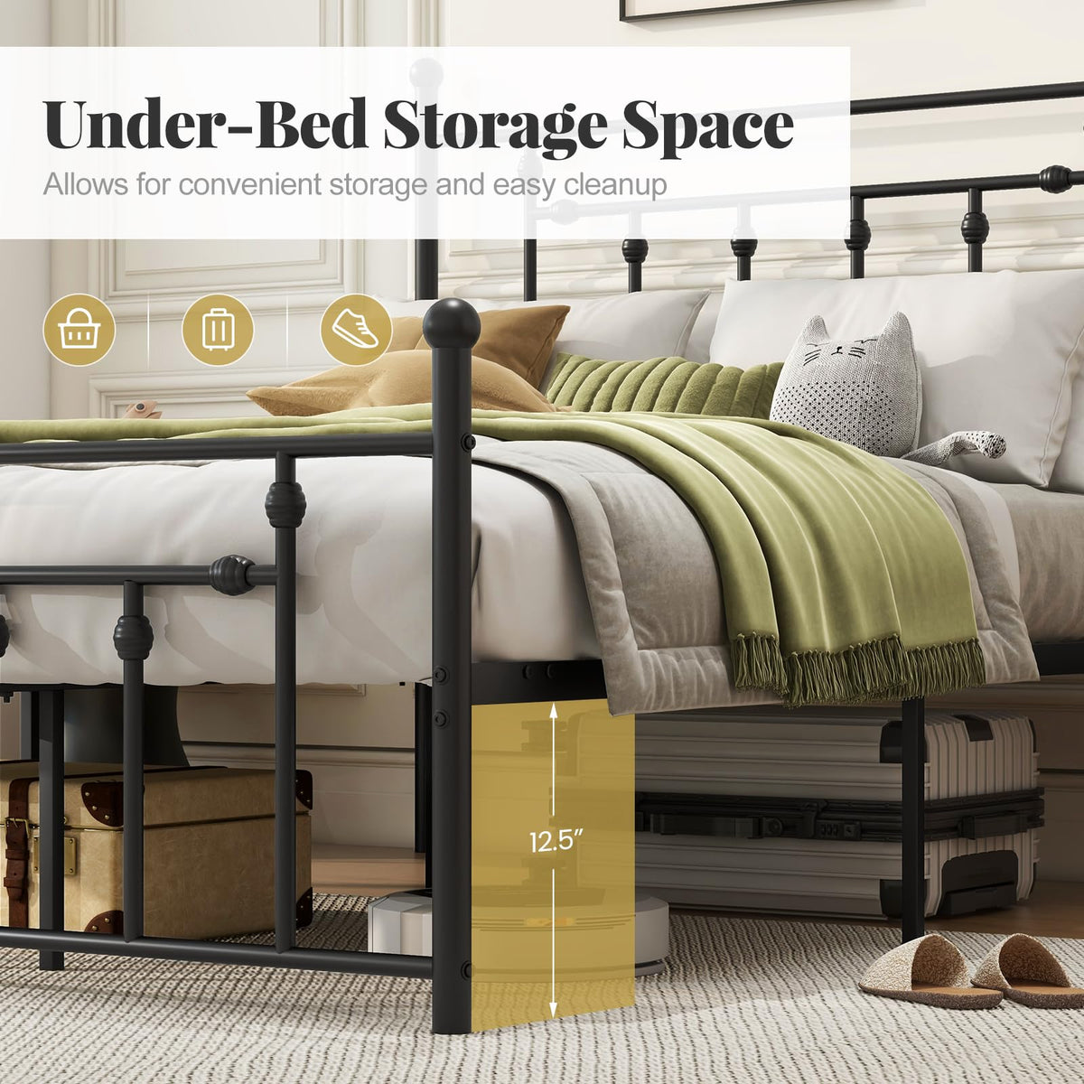 Black Full Size Metal Bed Frame with Headboard & Footboard K468