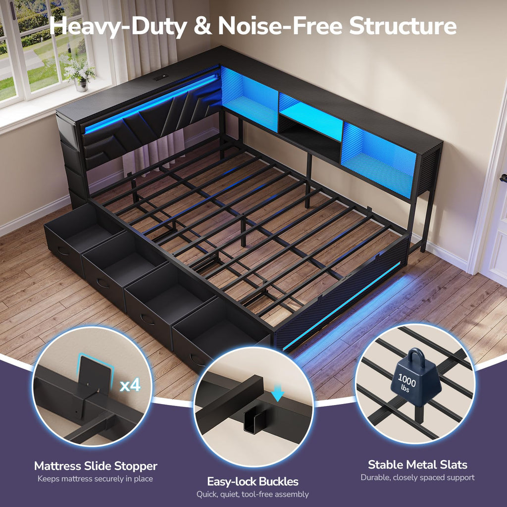 Corner Bed Frame with Storage Bookcase and 4 Drawers Z864578